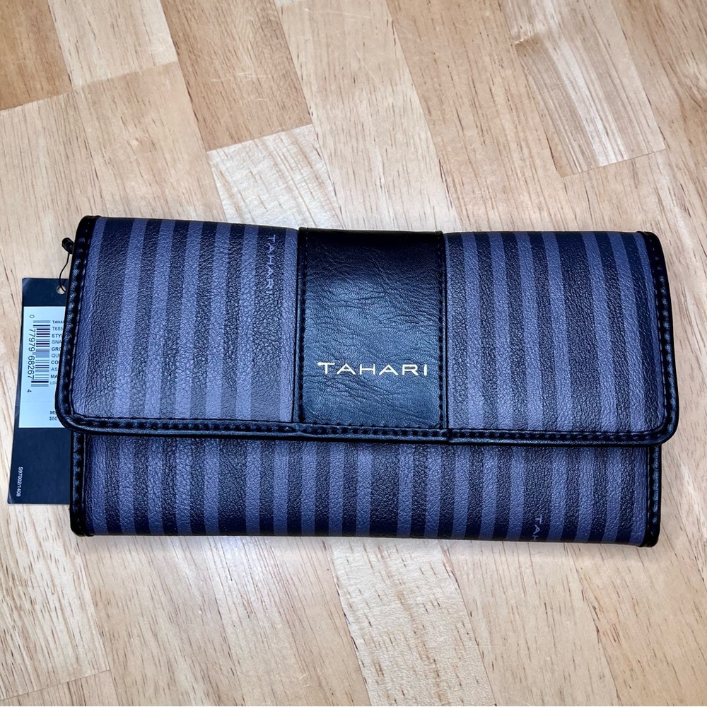 Tahari Black Stripe Tri-Fold Snap Wallet